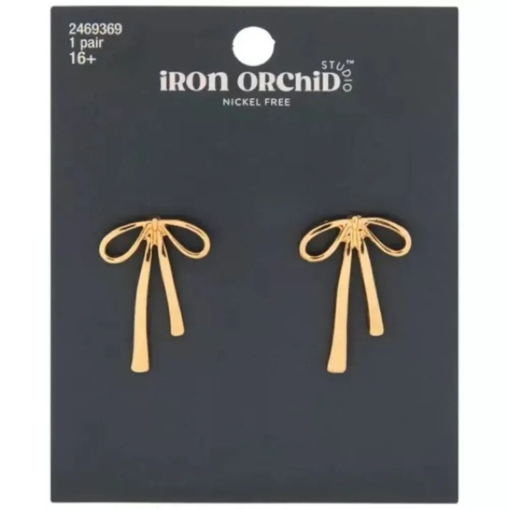 New! Iron Orchid Studio Goldtone Metal Bow Earrings NWT